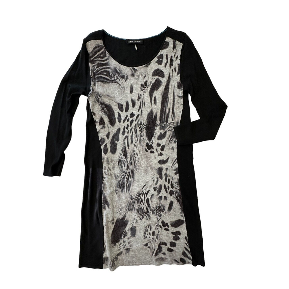 Luisa Cerano Black sweater dress front gray with print 3/4 Sleeve‎ Size 12